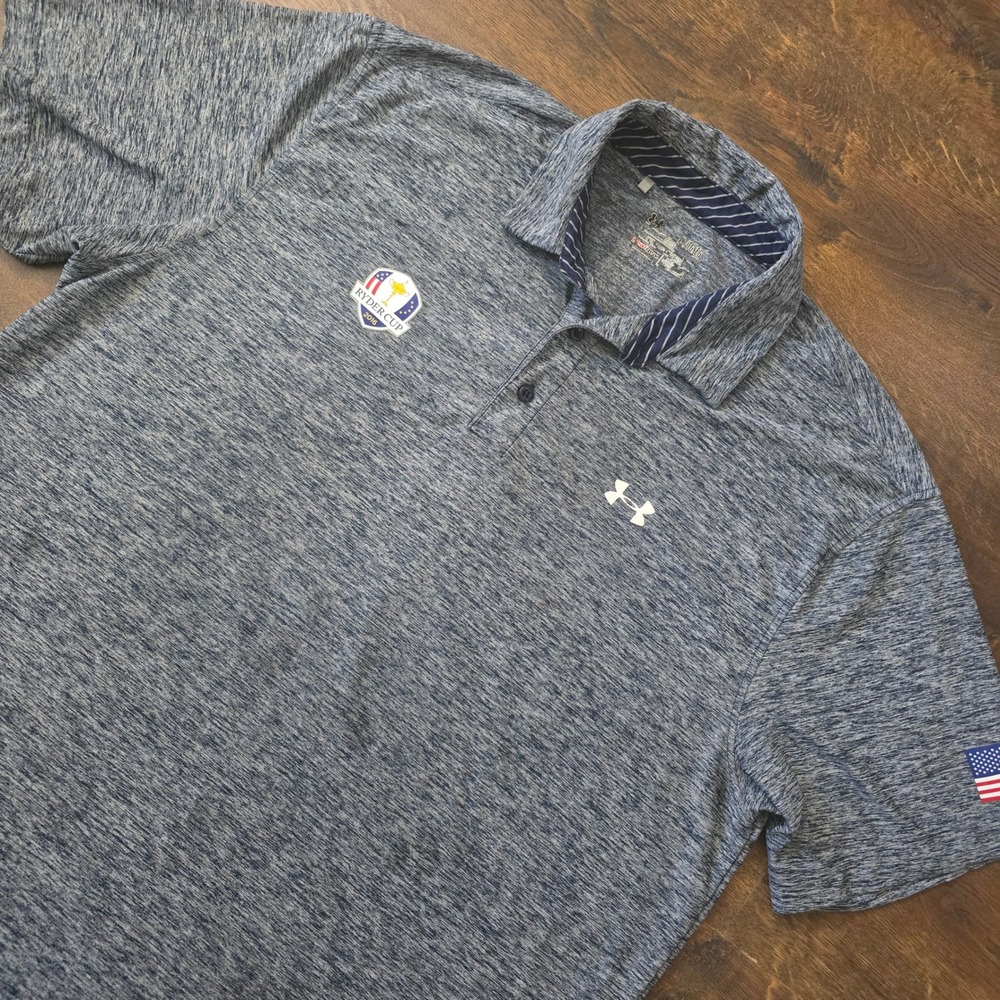 Under Armour Mens 2016 Ryder Cup USA Heathered Polo Shirt Navy Blue XL